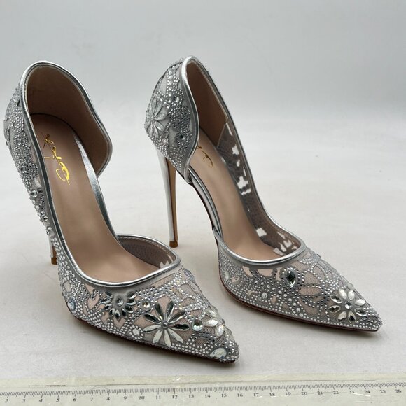 XYD Silver Bride Shoes for Wedding Day High Heel D'Orsay Slip On Studded Pumps - Picture 3 of 7